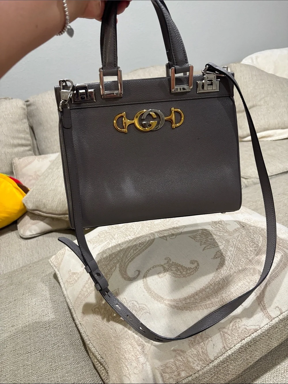 Gucci Gray Leather Satchel with Gold Horsebit Detail